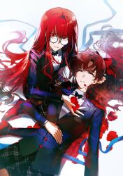  2girls absurdres black_bow black_jacket black_skirt blazer bow brown_hair closed_eyes commentary flower glasses hair_ribbon hand_on_another's_head highres holding holding_flower jacket long_hair looking_at_viewer lying mole mole_under_eye multiple_girls persona persona_5 persona_5_the_royal petals plaid_clothes plaid_skirt rain red_eyes red_flower red_hair red_petals red_ribbon red_shoes ribbon school_uniform shirt shoes shuujin_academy_school_uniform siblings simple_background sisters sitting skirt spoilers symbol-only_commentary white_shirt yoshizawa_kasumi's_sister yoshizawa_sumire yoteh 
