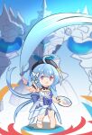  1girl :d absurdres ahoge armor bangs barefoot beret blue_hair chibi dress full_body griseo hair_ornament hat highres holding holding_brush honkai_(series) honkai_impact_3rd long_hair looking_at_viewer open_mouth palette_(object) qq434787536 sleeveless sleeveless_dress smile solo toes twintails violet_eyes white_dress 