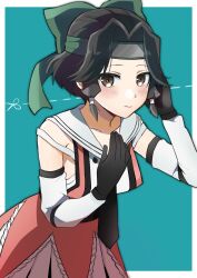  1girl absurdres alternate_hair_length alternate_hairstyle black_gloves black_hair border brown_eyes buttons commentary_request detached_sleeves double-breasted elbow_gloves forehead_protector gloves green_background hachimaki hair_intakes half_updo headband highres jintsuu_(kancolle) jintsuu_kai_ni_(kancolle) kantai_collection leaning_forward sailor_collar school_uniform serafuku short_hair sleeveless solo toriniku_senshi_chikinman white_border white_sailor_collar 