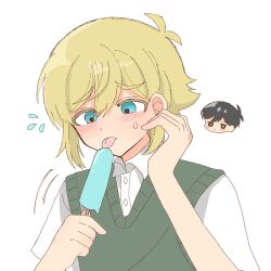  2boys :< antenna_hair basil_(faraway)_(omori) basil_(omori) black_eyes black_hair blonde_hair blue_eyes blush bright_pupils chibi closed_mouth collared_shirt commentary double-parted_bangs flying_sweatdrops food green_sweater_vest hair_between_eyes highres holding holding_food holding_popsicle male_focus multiple_boys omori popsicle shirt short_hair short_sleeves sidelocks simple_background sunny_(omori) sweatdrop sweater_vest symbol-only_commentary tongue tongue_out white_background white_pupils white_shirt yuuabara 
