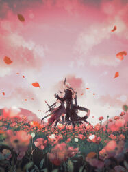  1boy 1girl black_coat black_dress black_gloves body_markings coat dragon_boy dragon_horns dragon_tail dress falling_petals field flower flower_field gloves high-low_dress highres holding holding_sword holding_weapon horns kazula_ggnr long_hair love_and_deepspace official_alternate_costume outdoors petals protagonist_(love_and_deepspace) red_flower red_petals short_hair sword sylus_(love_and_deepspace) tail weapon white_hair 