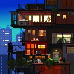  animal apartment balcony blue_sky building cat city condenser_unit door dusk glass_door gradient_sky highres kroizzz ladder no_humans original pixel_art plant potted_plant railing scenery sky stairs vines window 