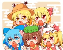  5girls animal_ear_fluff animal_ear_piercing animal_ears ascot black_vest blonde_hair blue_bow blue_dress blue_eyes blue_hair blush bow bowtie brown_hair cat_ears chen chibi chibi_only cirno commentary_request crystal_wings dress earrings flandre_scarlet hair_bow hair_ribbon hand_on_screen hat hat_ribbon ice ice_wings jewelry licking_screen long_sleeves looking_at_viewer moriya_suwako multiple_girls purple_hair red_ascot red_eyes red_ribbon revision ribbon rumia shirt short_hair short_sleeves side_ponytail sidelocks tongue tongue_out touhou vest white_shirt wings yellow_ascot yellow_bow yellow_eyes yige_lurenjia 