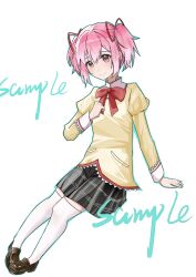  1girl absurdres aqua_outline black_shoes black_skirt bow bowtie clenched_hand closed_mouth collared_shirt dot_nose eyelashes full_body hair_ribbon hand_on_ground hand_on_own_chest happy high_collar highres invisible_chair juliet_sleeves kaname_madoka knees lace-trimmed_shirt lace-trimmed_sleeves lace_trim long_sleeves looking_at_viewer mahou_shoujo_madoka_magica mahou_shoujo_madoka_magica_(anime) miniskirt mitakihara_school_uniform outline pink_eyes pink_hair plaid_clothes plaid_skirt pleated_skirt pocket puffy_sleeves red_bow red_bowtie red_ribbon ribbon riliing sample_watermark school_uniform shirt shoes short_hair short_twintails simple_background sitting skirt sleeve_cuffs smile solo thigh-highs twintails uwabaki watermark white_background white_thighhighs yellow_shirt zettai_ryouiki 