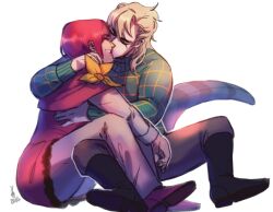  1boy 1girl black_boots blonde_hair blue_tail bob_cut boots capelet checkered_sweater closed_eyes couple diego_brando dinosaur_tail dress flower flower_ornament green_sweater grey_pants grey_shirt hetero hot_pants_(sbr) hug jojo_no_kimyou_na_bouken kiss long_sleeves medium_hair no_headwear pants pink_dress poselenets purple_shoes red_capelet red_hair shirt shoes short_hair sitting smile stand_(jojo) steel_ball_run sweater tail turtleneck turtleneck_sweater white_background yellow_flower 