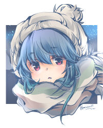  1girl beanie blue_hair blue_scarf border brown_hat brown_scarf commentary_request green_scarf hanabi_(karintou15) hat looking_at_viewer multicolored_scarf parted_lips pom_pom_(clothes) pom_pom_beanie portrait red_eyes scarf shima_rin solo star_(sky) starry_sky_background striped_clothes striped_scarf twitter_username white_border yurucamp 