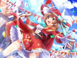  1girl aijou_karen aqua_ascot ascot brown_eyes brown_hair building epaulettes game_cg gloves hat hat_feather holding holding_sword holding_weapon jacket long_sleeves official_art open_mouth outstretched_arm rapier red_hat red_jacket red_skirt short_hair shoujo_kageki_revue_starlight shoujo_kageki_revue_starlight_-re_live- skirt solo standing sword thigh-highs upper_body weapon white_gloves white_thighhighs 