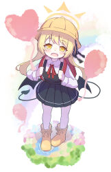  1girl absurdres backpack bag balloon black_dress black_ribbon black_tail black_wings blonde_hair blue_archive blush boots collared_shirt commentary demon_tail demon_wings dress full_body hair_ribbon halo hat heart_balloon highres ibuki_(blue_archive) long_hair looking_at_viewer mottata neck_ribbon open_mouth pantyhose pinafore_dress randoseru red_bag red_ribbon ribbon school_hat shirt sleeveless sleeveless_dress solo tail white_pantyhose white_shirt wings yellow_boots yellow_eyes yellow_halo yellow_hat 