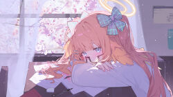  1girl absurdres arms_on_table bilibalakonglijiwa bilingual_commentary blue_archive blue_eyes blush bow commentary crossed_arms curtains desk english_commentary eraser feather_hair flower glasses hair_bow hair_ornament hairclip halo head_rest highres indoors long_hair looking_to_the_side mixed-language_commentary orange_hair paper pen plum_blossoms shimiko_(blue_archive) shirt solo tree twintails white_shirt window yellow_halo 