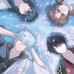  4boys arms_behind_head black_hair black_shirt blue_hair brown_eyes brown_hair cherry_blossoms circle_formation closed_eyes closed_mouth coat english_commentary from_above gintama grin hair_between_eyes hair_over_one_eye highres japanese_clothes katsura_kotarou kimono long_hair looking_at_viewer lying lying_on_water male_focus messy_hair multiple_boys on_back petals petals_on_liquid popped_collar purple_kimono red_coat red_eyes ripples sakamoto_tatsuma sakata_gintoki shirt short_hair smile sunglasses takasugi_shinsuke terarenai unfinished upper_body water white_kimono yellow_eyes 