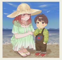  1girl 1other androgynous apple_print beach blue_sky blush breasts brown_hair brown_overalls chara_(undertale) child collarbone commentary_request dress food_print fruit_print genderswap genderswap_(otf) green_dress green_shirt hand_in_mouth hat heart heart_necklace heart_soma highres jewelry long_sleeves looking_at_viewer mother_and_child necklace ocean overalls red_eyes red_shoes sandals shirt shoes sky smile squatting striped_clothes striped_shirt sun_hat sweater two-tone_dress two-tone_shirt undertale utdr_(toby_fox) white_dress yellow_shirt 