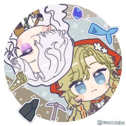  2girls :3 blonde_hair blue_eyes blue_gemstone brown_coat brown_jacket chibi closed_mouth coat commentary_request fang fang_out fish fur-trimmed_coat fur_trim gem green_necktie grey_background hair_over_one_eye headscarf highres jacket korean_commentary long_hair looking_at_viewer mole mole_under_eye mole_under_mouth mossi_(mossi0816) multiple_girls necktie one_eye_covered pickaxe red_headscarf red_scarf reverse:1999 rock rotational_symmetry round_image ruler scarf shirt smile twitter_username upper_body upside-down vila_(reverse:1999) violet_eyes white_shirt windsong_(reverse:1999) 