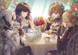  4girls absurdres arlecchino_(genshin_impact) black_eyes black_hair black_hands blue_eyes closed_eyes coat colored_extremities columbina_(genshin_impact) commentary_request cup dress eye_mask feathered_wings fingernail_gloves genshin_impact grey_coat hair_between_eyes head_wings highres holding holding_saucer holding_teapot mask multicolored_hair multiple_girls multiple_wings red_pupils round_table sandrone_(genshin_impact) saucer signora_(genshin_impact) streaked_hair symbol-shaped_pupils table tea tea_party tea_set teacup teapot tiered_tray two-tone_hair white_dress white_hair white_mask white_wings wings x-shaped_eyewear x-shaped_pupils yuno_kaihara 