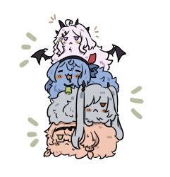  :< ako_(blue_archive) animalization blue_archive chinatsu_(blue_archive) commentary_request e_v_e_neko fluffy grey_hair highres hina_(blue_archive) iori_(blue_archive) multiple_girls prefect_team_(blue_archive) white_background wings 