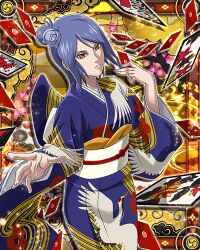  1girl blue_hair eyeshadow face_piercing flower hair_flower hair_ornament konan_(naruto) looking_at_viewer makeup naruto_(series) naruto_shippuuden non-web_source orange_eyes paper piercing short_hair solo 