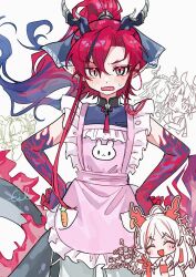  2boys 3girls absurdres apron arknights black_hair carrot chibi chibi_inset chongyue_(arknights) dragon_boy dragon_horns dragon_tail frilled_apron frills gradient_hair hands_on_own_hips high_ponytail highres horns ling_(arknights) long_hair miritenoru multicolored_hair multiple_boys multiple_girls nian_(arknights) open_mouth pink_apron pointy_ears ponytail red_eyes red_hair shu_(arknights) siblings streaked_hair tail two-tone_hair yu_(arknights) 