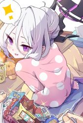  1boy 1girl ahoge bag barefoot blue_archive cameo commentary_request demon_girl demon_horns demon_wings food from_above from_behind fruit hair_between_eyes hair_rings halo highres hina_(blue_archive) hina_(pajamas)_(blue_archive) holding horns ice_cream indoors kotatsu leaning_forward long_hair long_sleeves looking_at_viewer looking_back mandarin_orange mika_(blue_archive) mosuke1221 multicolored_halo official_alternate_costume official_alternate_hairstyle on_cushion package pajamas parted_bangs pink_pajamas plastic_bag polka_dot polka_dot_pajamas pov pov_hands purple_halo sensei_(blue_archive) shopping_bag sidelocks simple_background sitting snack soles spoken_sparkle table toes two-tone_halo under_kotatsu under_table violet_eyes wariza wavy_hair white_hair wings 