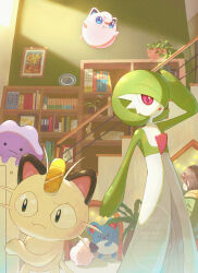  1girl absurdres azumarill black_eyes blue_eyes bob_cut cleffa colored_skin commentary_request ditto dress gardevoir green_hair green_skin hair_over_one_eye hide_and_seek highres indoors jigglypuff meowth multicolored_skin pink_eyes piyokonoenikki_04 pokemon pokemon_(creature) purple_skin stairs two-tone_skin watermark white_dress white_skin 