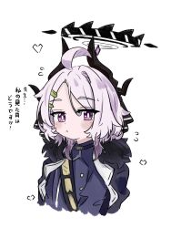  1girl :< ahoge alternate_hairstyle black_halo black_horns blue_archive blue_jacket closed_mouth commentary cropped_torso demon_girl demon_horns e_v_e_neko flying_sweatdrops hair_ornament hairclip halo heart highres hina_(blue_archive) horns jacket looking_at_viewer parallel_hairclips short_hair simple_background solo translation_request violet_eyes white_background white_hair 