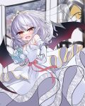  1girl bat_wings bridal_gauntlets bridal_veil dress elbow_gloves eyebrows_visible_through_hair fang frills gloves highres light_purple_hair red_eyes remilia_scarlet s_vileblood short_hair solo touhou veil wedding_dress white_dress wings 