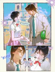  1boy 1girl alternate_universe aqua_necktie black_hair breasts brown_hair collared_shirt commentary english_text eren_yeager food fruit grey_jacket grey_pants hair_between_eyes hetero highres holding holding_food holding_fruit holding_hands holding_watermelon jacket lacampanule light_blush low_twintails medium_breasts medium_hair mikasa_ackerman neckerchief necktie pants parted_lips photo_background pink_skirt red_neckerchief roman_holiday scar scar_on_cheek scar_on_face shingeki_no_kyojin shirt short_hair short_sleeves skirt suit_jacket swept_bangs symbol-only_commentary twintails watermelon white_shirt 