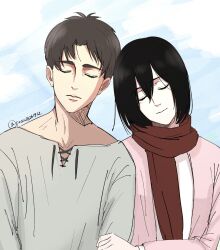  1boy 1girl black_hair blue_background brown_hair cardigan closed_eyes closed_mouth commentary_request dress eren_yeager grey_shirt hair_between_eyes highres holding_another's_hair leaning_on_person light_smile mikasa_ackerman parted_bangs peanuts261912 pink_cardigan red_scarf scar scar_on_cheek scar_on_face scarf shingeki_no_kyojin shirt short_hair simple_background twitter_username upper_body white_dress 