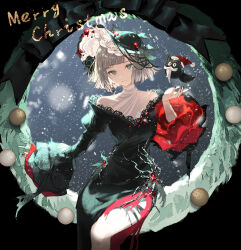  1girl absurdres aqua_eyes black_dress black_hat black_nails brown_hair closed_mouth dress earrings guagua0313 hat highres jewelry lace-trimmed_dress lace_trim long_sleeves looking_at_viewer mercuria_(reverse:1999) merry_christmas nail_polish reverse:1999 santa_hat short_hair side_slit solo two-sided_dress two-sided_fabric 