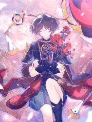  1boy absurdres armor black_bodysuit black_hat black_kimono black_shorts black_sleeves blunt_ends bodysuit closed_eyes closed_mouth crossed_arms eyelashes eyeliner eyeshadow facing_viewer falling_petals fingernails flower from_above furisode genshin_impact glowing glowing_petals gold gold_trim grey_veil hashtag-only_commentary hat highres holding holding_flower japanese_armor japanese_clothes jewelry jingasa juban kimono knee_up kote kurokote layered_sleeves lying makeup makisa_(wim) male_focus mandarin_collar mitsudomoe_(shape) neck_ring o-ring on_back on_grass on_ground petals purple_sash purple_sleeves red_eyeliner red_eyeshadow red_flower red_hat red_kimono red_petals sash scaramouche_(genshin_impact) see-through_clothes see-through_veil short_sleeves shorts single_sode solo split_mouth tomoe_(symbol) two-tone_hat unworn_hat unworn_headwear veil white_kimono white_petals white_trim wispy_bangs 