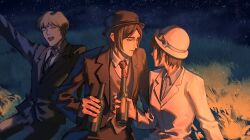  1girl 2boys aminogoose77 armin_arlert black_hair black_hat black_jacket black_pants blonde_hair bottle bowler_hat breasts brown_hair cheering closed_eyes collared_shirt couple eren_yeager grass grey_shirt grey_vest hand_up hat hetero highres holding holding_bottle jacket looking_at_another medium_breasts mikasa_ackerman multiple_boys necktie night night_sky open_mouth outdoors pants parted_bangs red_necktie shingeki_no_kyojin shirt short_hair sky smile suit_jacket upper_body vest waistcoat white_hat white_jacket white_shirt 