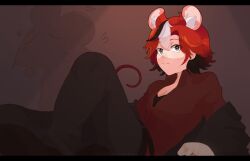  1girl alternate_costume alternate_hair_length alternate_hairstyle animal_ear_fluff animal_ears artist_name black_bra black_hair black_shoes bra closed_mouth commentary eighth_note english_commentary eyelashes gold_ring grey_pants hakos_baelz heart highres hololive hololive_english letterboxed long_sleeves lucesamaaa mouse_(animal) mouse_ears mouse_girl mouse_tail multicolored_hair musical_note off_shoulder pants red_hair red_shirt shirt shoes solo tail underwear virtual_youtuber white_hair 