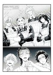  6+boys absurdres agatsuma_zenitsu alternate_costume apron blank_eyes buttons closed_mouth collared_dress collared_shirt commentary_request cross_scar crossdressing crossdressing_(mtf) crossed_arms dress earrings embarrassed enmaided fang forked_eyebrows frilled_apron frills grin hanafuda_earrings hand_on_another's_shoulder height_difference highres jewelry jingkei0522 kamado_tanjirou kimetsu_gakuen kimetsu_no_yaiba long_hair long_sleeves maid maid_apron maid_headdress male_focus male_maid multiple_boys multiple_scars nail_polish necktie one_eye_closed open_mouth partially_unbuttoned pectoral_cleavage pectorals rengoku_kyoujurou scar scar_on_arm scar_on_chest scar_on_face scar_on_forehead serious shinazugawa_genya shinazugawa_sanemi shirt short_eyebrows short_hair sleeves_rolled_up smile sweatdrop tall_male tears teeth thick_eyebrows tomioka_giyuu turn_pale undercut uzui_tengen watermark 
