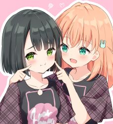  2girls 5th_live_tour_~4pair_power_spread!!!!~ :d :i absurdres alt_text aqua_eyes averting_eyes black_hair black_shirt blunt_bangs blunt_ends bob_cut breasts cerise_bouquet cheek_poking collarbone commentary_request green_eyes hair_ornament hanazora_satsuki heart highres hinoshita_kaho link!_like!_love_live! looking_at_another love_live! medium_breasts medium_hair momose_ginko multiple_girls open_mouth orange_hair outline pink_background pink_sleeves plaid_clothes plaid_sleeves poking rabbit_hair_ornament raised_inner_eyebrows shirt short_hair smile squiggle two_side_up virtual_youtuber white_outline 