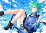  1girl absurdres bangs bare_legs blue_sky blush bug butterfly clouds day falling green_hair hair_bun highres hololive hukw open_mouth red_eyes short_hair sky solo uruha_rushia virtual_youtuber 