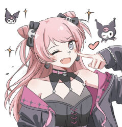  1girl bang_dream! bang_dream!_it's_mygo!!!!! black_jacket black_shirt chihaya_anon chinese_commentary commentary_request cone_hair_bun earrings fan_jing fang grey_eyes hair_bun heart heart_earrings jacket jewelry kuromi long_hair one_eye_closed onegai_my_melody open_clothes open_jacket open_mouth pink_hair sanrio shirt simple_background sleeveless sleeveless_shirt solo sparkle upper_body white_background 