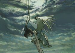  1girl angel angel_wings brown_hair clouds cloudy_sky dress feathered_wings feet_out_of_frame floating_hair green_theme halo highres kibishiihiekomi long_hair looking_down midair original profile sky solo twintails white_dress white_halo white_wings wings yellow_eyes 