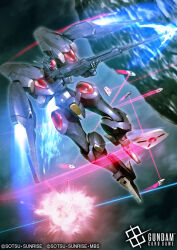  akamiho beam_rifle bit_(gundam) commentary_request company_name copyright_logo copyright_name copyright_notice energy_gun explosion firing funnels_(gundam) gun gundam gundam_card_game gundam_pharact gundam_suisei_no_majo holding holding_gun holding_weapon logo mecha mecha_focus mobile_suit no_humans official_art red_eyes robot science_fiction solo thrusters v-fin weapon 