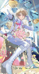  1boy balloon bishounen blush boots bouquet brown_hair closed_mouth collared_shirt ensemble_stars! falling_petals flower gloves green_eyes half-heart_hands heart_balloon highres jacket lace-up_boots lens_flare light_smile looking_at_viewer mc_copycat one_eye_closed outstretched_arm pants petals pink_flower shiratori_aira_(ensemble_stars!) shirt short_hair sitting solo sweat white_boots white_flower white_gloves white_jacket white_pants white_shirt 