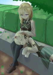  2girls absurdres assault_lily bangs_pinned_back bare_shoulders black_bow black_thighhighs black_vest blonde_hair bow braid breasts brown_shoes closed_mouth clothing_cutout collared_shirt commentary day drill_hair drooling eyes_visible_through_hair green_necktie green_skirt hair_between_eyes hair_bobbles hair_bow hair_ornament hair_over_one_eye hair_over_shoulder hairclip hand_on_another's_head hedge hibino_waku highres lap_pillow leaf loafers long_hair looking_at_another looking_down lying medium_breasts medium_hair miniskirt multiple_girls necktie on_side open_mouth outdoors pink_eyes saliva school_uniform sett shade shirt shoes short_necktie shoulder_cutout side_braid skirt sleeping sleeping_on_person sleeve_bow sleeves_past_fingers sleeves_past_wrists smile striped_clothes striped_skirt tejima_komachi thigh-highs tree_shade vertical-striped_clothes vertical-striped_skirt vest yadoo zettai_ryouiki 