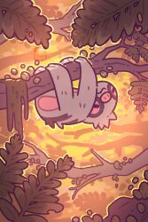  branch claws closed_eyes closed_mouth commentary english_commentary fluffy highres holding holding_branch leaf no_humans official_art_redraw orange_light petite_echorizon pokemon pokemon_(creature) slakoth sloth_(animal) smile tree 