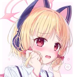  1girl animal_ear_headphones animal_ears blonde_hair blue_archive blue_necktie blush border bow cat_ear_headphones cat_ears collared_shirt commentary fake_animal_ears furry grabbing_own_hair gradient_background hair_bow halo headphones heart highres holding holding_own_hair jacket long_sleeves looking_at_viewer low-tied_sidelocks momoi_(blue_archive) necktie off_shoulder open_mouth outside_border painttool_sai_(medium) pink_background pink_halo pink_jacket portrait red_bow red_eyes rofrs2975 shirt short_hair sidelocks solo speech_bubble spoken_blush suspenders teeth upper_teeth_only white_background white_border white_shirt 