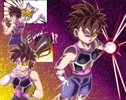  anger_vein bag_of_chips black_hair commission commissioner_upload cricket dragon_ball dragon_ball_xenoverse eating_bugs energy_ball english_commentary english_text gradient_background hand_on_own_hip highres monkey_tail original paolos4658 saiyan saiyan_armor scar scar_on_face scouter shorts spiky_hair tail yellow_eyes 