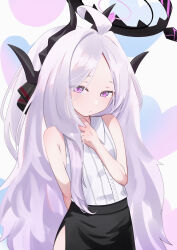  1girl absurdres ahoge black_halo black_skirt blue_archive blush breasts commentary_request demon_girl demon_horns halo heart highres hina_(blue_archive) horns long_hair looking_at_viewer sainarohh skirt small_breasts solo very_long_hair violet_eyes white_hair 