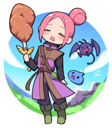  1girl alternate_costume artist_self-insert belt boots closed_eyes cosplay crossbody_bag deformed dracky dragon_quest dragon_quest_xi drooling food green_boots hair_bun hero_(dq11) hero_(dq11)_cosplay highres long_sleeves meat mountainous_horizon original pink_hair purple_tunic slime_(dragon_quest) sword tunic turtleneck umenodo weapon 