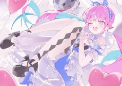 1girl absurdres balloon bare_shoulders black_shoes bloomers blue_hair commentary dress gang_h heart_balloon highres hololive looking_at_viewer minato_aqua multicolored_hair one_eye_closed pantyhose pink_eyes pink_hair shoes short_sleeves solo streaked_hair two-tone_hair virtual_youtuber white_bloomers white_dress white_pantyhose 