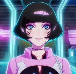  1girl black_bodysuit blue_eyes bob_cut bodysuit cyberpunk cyberpunk:_edgerunners cyberpunk_(series) eyeshadow facial_tattoo jacket makeup neck_tattoo neon_lights non-web_source pink_eyeshadow sasha_(cyberpunk) science_fiction tattoo track_jacket trash_bag 