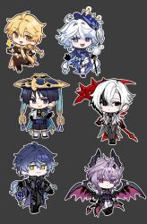  2girls 4boys aether_(genshin_impact) ahoge arlecchino_(genshin_impact) arm_belt arms_at_sides artistic_error ascot belt black_background black_belt black_bodysuit black_boots black_bridal_gauntlets black_coat black_gloves black_hair black_horns black_pants black_shoes black_shorts black_sleeves blonde_hair blue_cape blue_gemstone blue_hair blue_hat blue_kimono blunt_ends bodysuit boots bow braid bridal_gauntlets brown_gauntlets brown_pants brown_shirt brown_sleeves bubble cane cape chest_jewel closed_mouth coat coattails colored_eyelashes colored_tips crimson_moon's_semblance_(genshin_impact) cropped_shirt curly_ends curly_sidelocks dragon_boy dragon_horns dragon_tail dragon_wings drop-shaped_pupils earrings eyelash_ornament eyeliner eyeshadow facial_mark feather_earrings feathers flins_(genshin_impact) forehead_mark frilled_socks frills furina_(genshin_impact) furisode furrowed_brow gem genshin_impact gloves gold gold_trim grey_coat grey_hair grey_pants grey_pupils grey_sleeves grey_vest hair_between_eyes hair_intakes hakama hakama_shorts hand_on_own_hip hand_up hat hat_ribbon heart-shaped_gem heterochromia highres holding holding_cane holding_lantern holding_scythe horns jacket japanese_clothes jewelry jingasa juban kimono lantern lapels leg_belt leg_warmers long_hair long_sleeves looking_at_another looking_at_viewer low-braided_long_hair low-tied_long_hair makeup midriff mini_durin_(genshin_impact) mini_durin_(human)_(genshin_impact) mini_hat mini_top_hat multicolored_hair multiple_boys multiple_girls open_clothes open_coat open_jacket open_kimono open_mouth outline pants parted_bangs pelvic_curtain pleated_shorts pom_pom_(clothes) purple_ascot purple_bow purple_hair purple_horns purple_jacket purple_ribbon purple_rope purple_sleeves purple_suit purple_vest red_eyeliner red_eyes red_eyeshadow red_gemstone red_pupils red_tail red_wings ribbon rope scaramouche_(genshin_impact) scarf scythe shirt shoes short_sleeves shorts sideways_glance single_hair_intake smile smirk socks standing streaked_hair suit suit_jacket symbol-shaped_pupils tail tassel thigh_strap too_many too_many_belts top_hat tsurime two-sided_horns very_long_hair vest violet_eyes wanderer_(genshin_impact) white_hair white_kimono white_leg_warmers white_mouth white_outline white_pants white_scarf white_shorts white_sleeves white_socks white_vest wings wispy_bangs x-shaped_pupils yellow_eyes yellow_feathers youth_500 