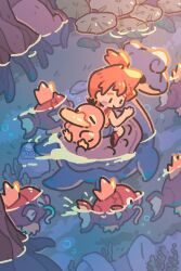  1girl afloat beak bird commentary denim denim_shorts duck english_commentary fish highres lapras lily_pad magikarp misty_(pokemon) orange_hair petite_echorizon pokemon pokemon_(anime) pokemon_(classic_anime) pokemon_(creature) psyduck riding riding_pokemon shell shirt shorts side_ponytail suspenders tank_top water yellow_shirt yellow_tank_top 