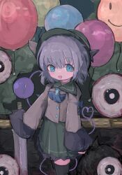  1girl :d absurdres adapted_costume aqua_eyes ascot balloon black_thighhighs blue_ascot blush chinese_commentary collared_shirt commentary english_commentary eyeball frilled_skirt frills green_hat green_skirt grey_hair hand_on_hilt hat hatut highres komeiji_koishi long_sleeves looking_at_viewer mixed-language_commentary open_mouth shirt short_hair skirt smile solo sword thigh-highs third_eye touhou weapon wide_sleeves yellow_shirt 
