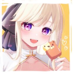  1girl arch_bishop_(ragnarok_online) black_bow blonde_hair blush border bow character-themed_food dress food hair_bow hanakaoka_okaka holding holding_food holding_popsicle long_hair looking_at_viewer open_mouth popsicle portrait ragnarok_online solo teddy_bear_(ragnarok_online) upper_body violet_eyes white_border white_dress yellow_background 
