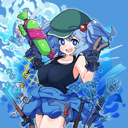 1girl armpits black_tank_top blue_eyes blue_hair blue_overalls blush breasts bright_pupils collarbone gears gloves gram_9 hammer hat highres kawashiro_nitori large_breasts medium_hair overalls parted_lips smile solo splattershot_(splatoon) tank_top teeth thighs touhou twintails two_side_up v water white_pupils wrench